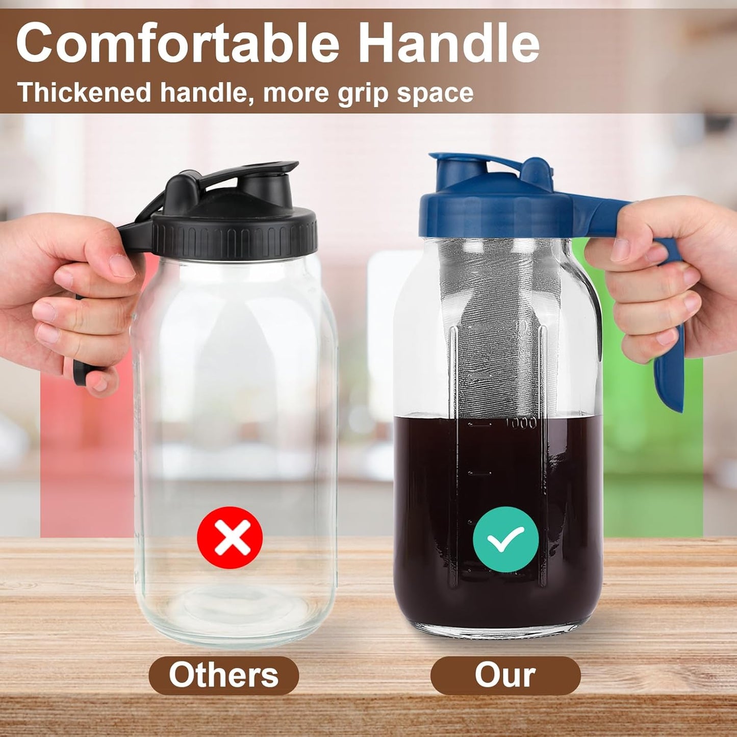 Cold Brew Coffee Maker Pitcher,64 Oz Heavy Duty Glass Mason Jar Pitcher with V-shaped Pour Spout Handle Lid,Stainless Steel Filter for Iced Coffee,Iced tea,Fruit Drinks,lemonade - Blue