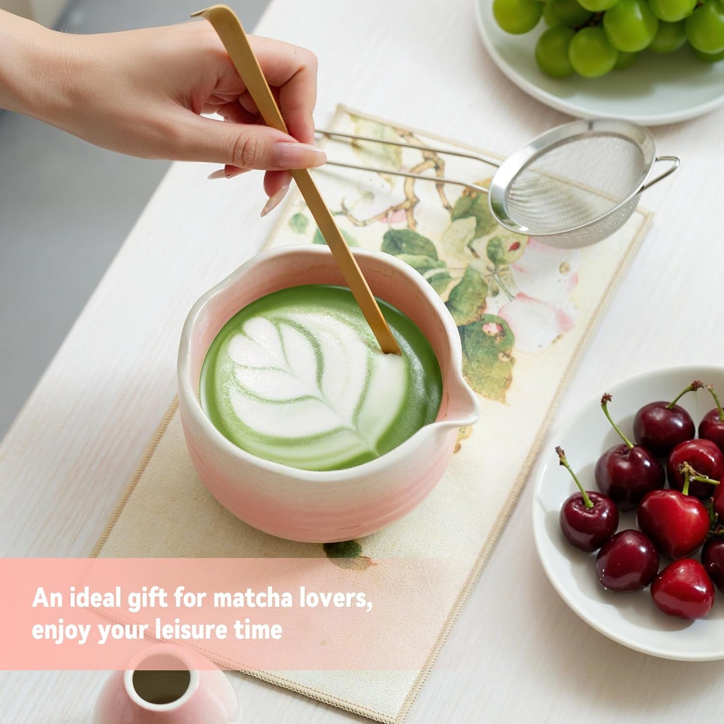 Matcha Whisk Set Ceramic Matcha Set Includes Bowl,Spout Bamboo Chasen Whisk with Ceramic Holder, Matcha Scoop and Stainless Sifter, Matcha Kit for Women,Gift for Matcha Lovers(7Pcs,Pink)