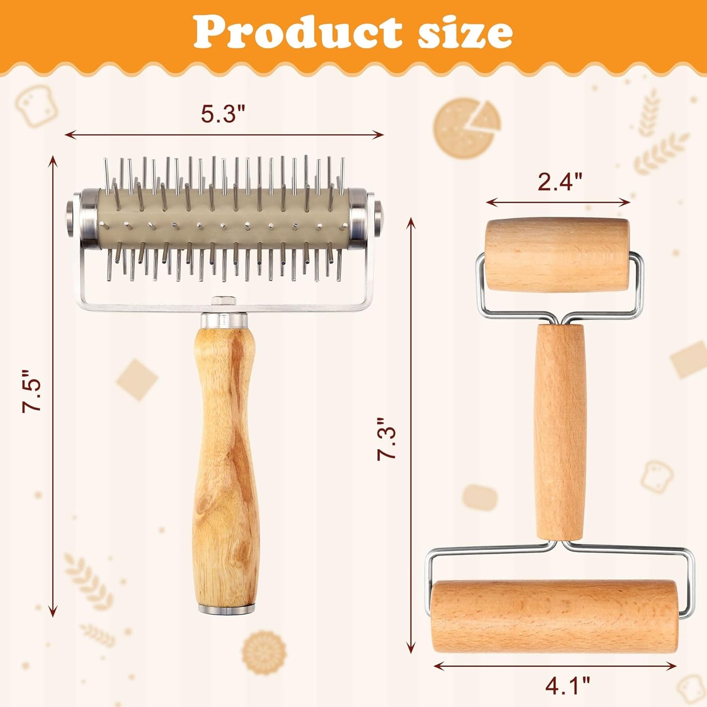 2Pcs Pizza Dough Roller & Dough Docker, Wood Rolling Pin Stainless Steel Dough Hole Puncher for Pizza, Pie, Pastry, Bread, Pasta, Cookie, Crust