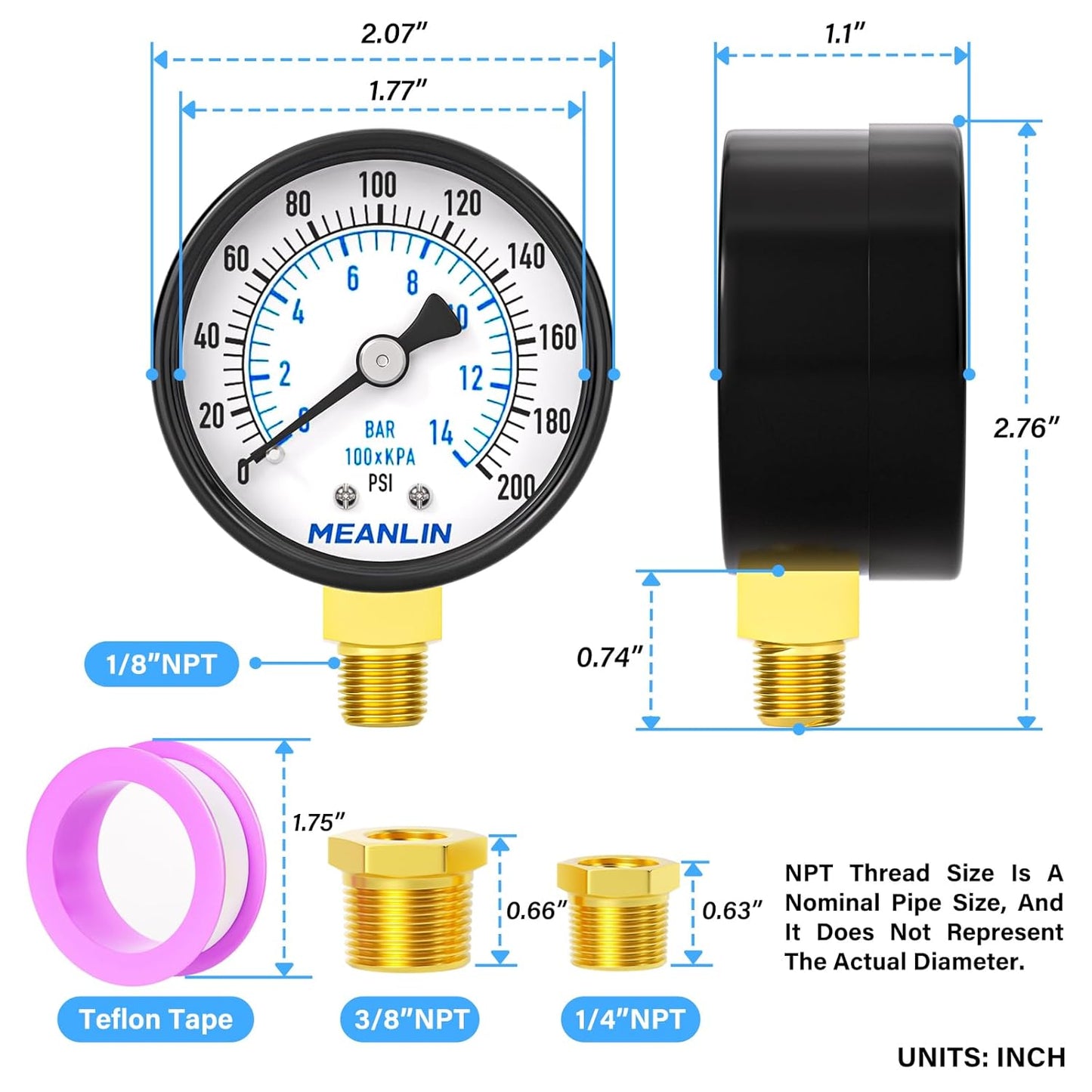 MEANLIN MEASURE 0-200Psi 2" DIAL FACE 1/8" NPT Well Pump Pressure Gauge, with 1/4" NPT and 3/8" NPT Hex Bushing, 3-2-3% Accuracy, Lower Mount