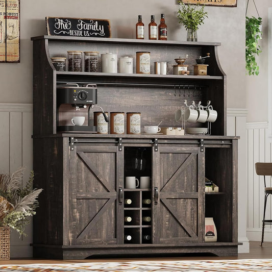 47 Inch Farmhouse Coffee Bar Cabinet with 3-Tier Storage, Coffee Bar Hutch with 9 Wine Racks, 3 Glass Holders, 6 Hooks, Kitchen Storage Cabinets for Dining Living Room, Oak