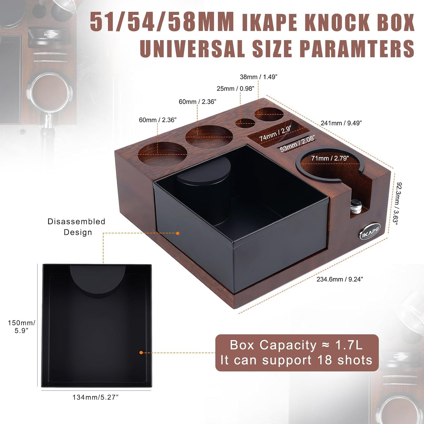 IKAPE V5 Espresso Knock Box, Espresso Coffee Organizer Box Fit for Storage 51, 54, 58MM Espresso Tamper, Distributor, Portafilter & Puck Screen Accessories, Natural Sandywood Station Base(9 IN One)