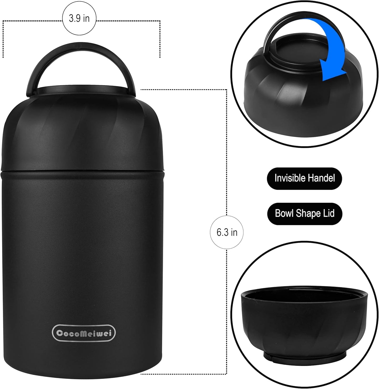 Thermo for Hot Food & Drinks, Thermo Lunch Box, 17oz Vacuum Insulated Food Container with Spoon&Drawstring Bag, Soup Thermo for Adults, Black