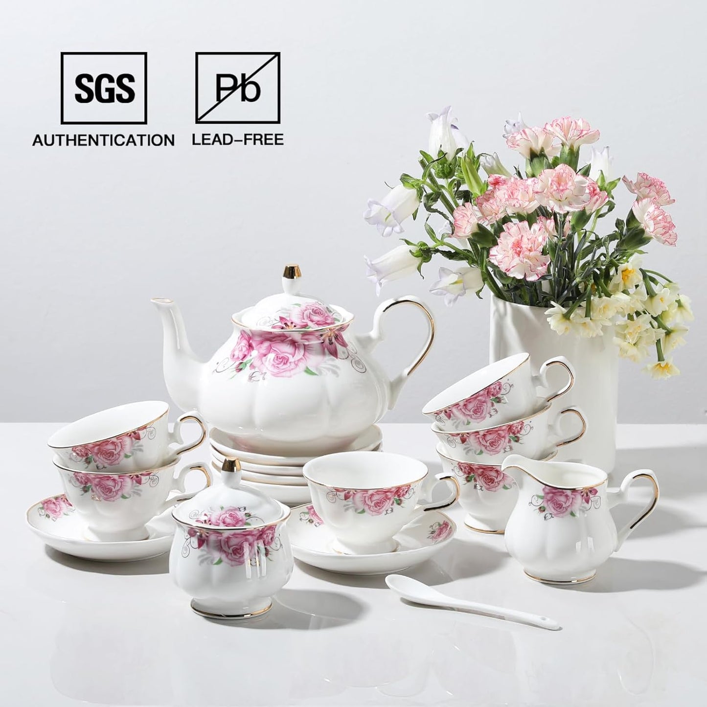 Sweejar Ceramic Teapot with Infuser, Floral Relief Gold Rimmed Teapot, 29 OZ Porcelain Tea Pot for Blooming and Loose Tea, Coffee...(Flower)