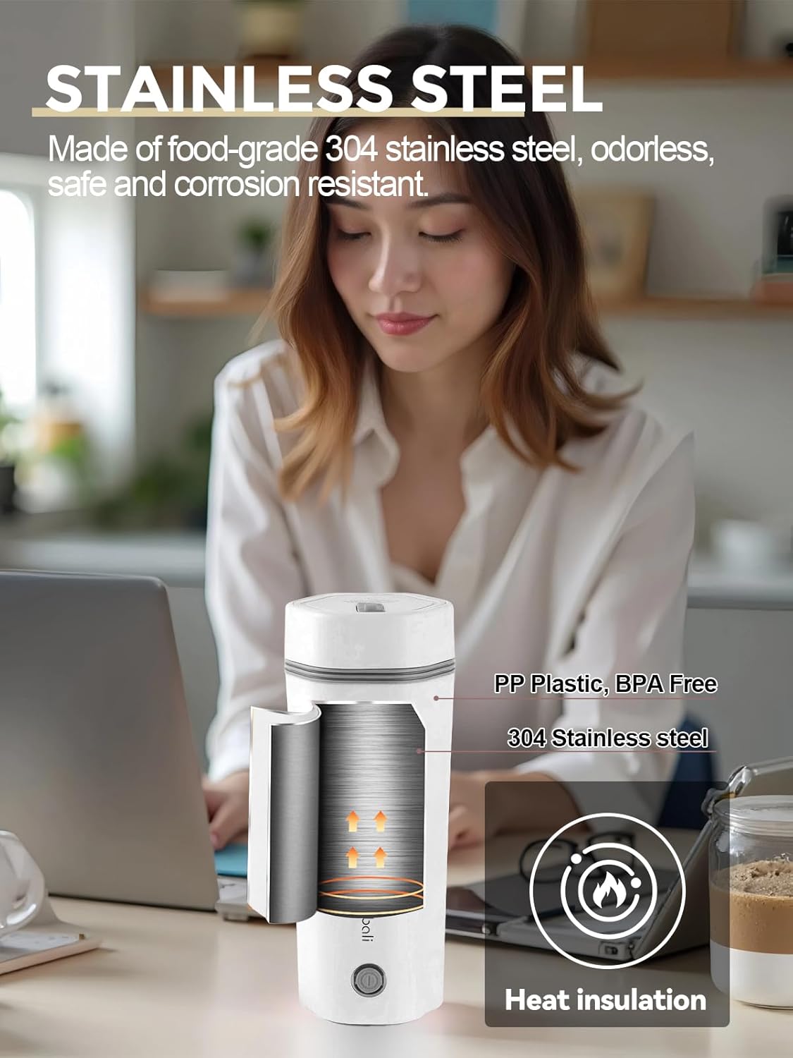 balbali Travel Kettle - 12oz Portable Electric Kettle for Boiling Water - Self Heating Cup/Thermos - Single Size Personal Tea Maker -Hot Water Boiler/Heater/Warmer - White