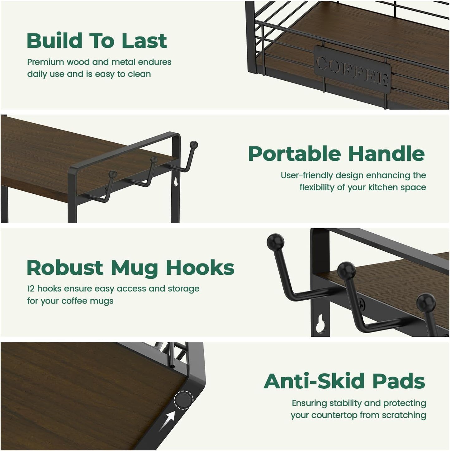 EsLuker.ly Coffee Mug Cup Holder Tree Bar Station Organizer, 2 Tier Mug Stand Rack for Countertop Kitchen, Storage Tower Display Shelf with 12 Hooks, Coffee Nook Enhancer, Brown-Black