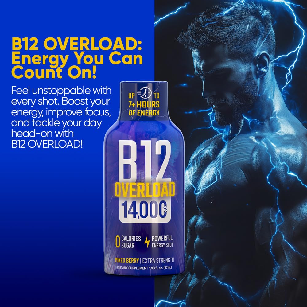 B12 Overload Extra Strength Energy Shot – Mixed Berry – 260mg Caffeine, 14000% B12, Electrolytes – Energy & Vitality Support – Zero Sugar No Calories – Vegan, Kosher, Gluten-Free – 1.93 fl oz, 48-Pack