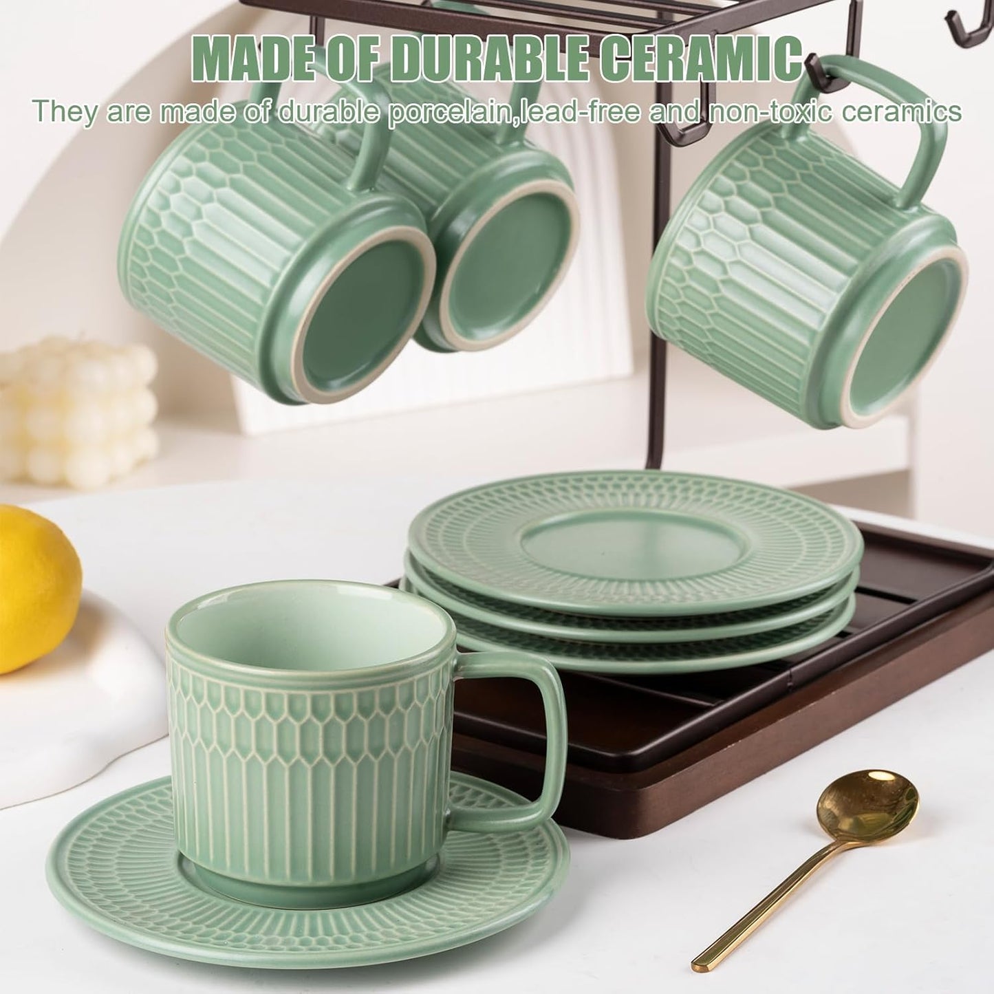 Large Cappuccino Cups with Saucers Set of 4, 8 Ounce Stackable Embossed Ceramic Coffee Mugs for Specialty Coffee Drinks, Latte, Cafe Mocha and Tea, Dishwasher & Microwave Safe (Green)