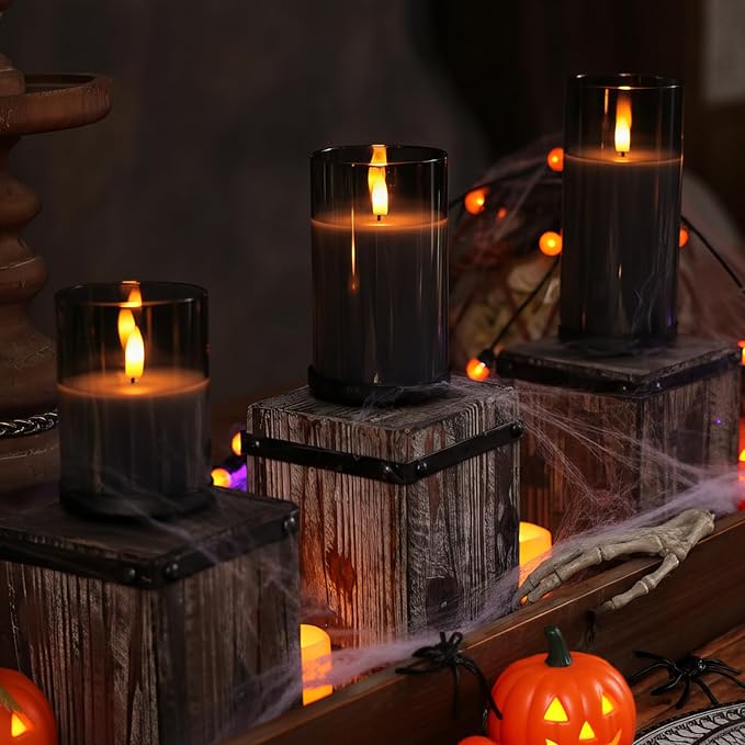 Homemory Grey Glass Flameless Candles, Battery Operated LED Pillar Candles with Remote Control and Timer, Radiance Candles, Real Wax, Set of 3,D3 xH4 5" 6"