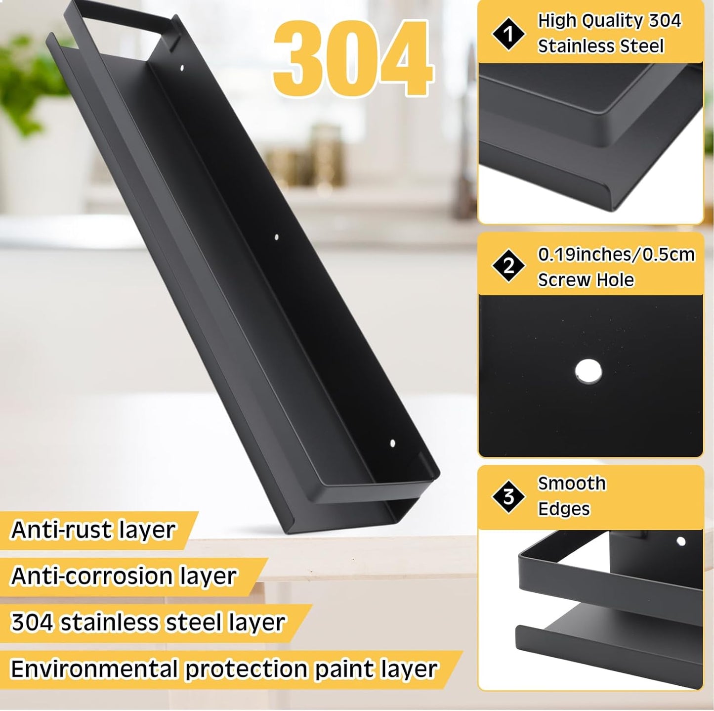 Lallisa 2 Pieces Stainless Steel Shelf Bathroom Shower Floating Shelves Wall Mounted Shower Caddy Basket Shelf Storage Organizer Shelves for Bathroom, Kitchen, Living Room(19.69 Inches/ 50 cm,Black)