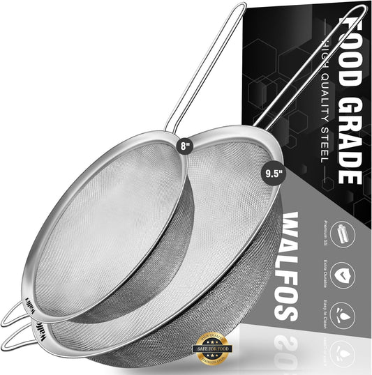 Walfos Large Fine Mesh Strainer 9.35" & 7.8", Stainless Steel Mesh Sieve with Sturdy Handle, Kitchen Metal Food Strainers for Quinoa, Rice, Pasta, Fruits, Vegetables, etc., Set of 2
