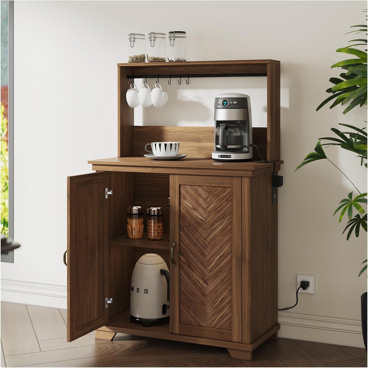 Farmhouse Coffee Bar Cabinet with Storage,31.5" Kitchen Cabinet with Hooks and Charging Station,Coffee Station with Adjustable Shelf and Hutch,Sideboard for Living Dining Room