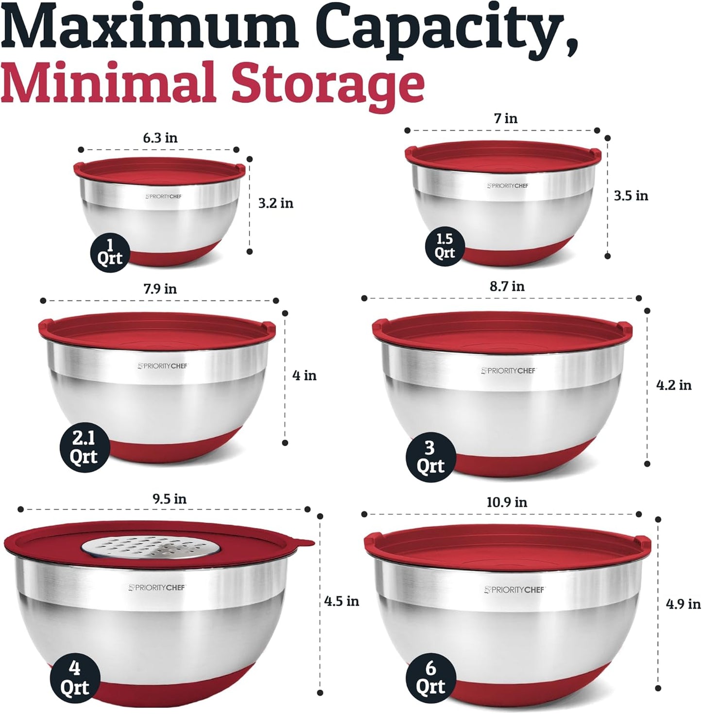 Priority Chef 6Pc Large Mixing Bowls With Lids Set with Non-Slip Bases, Stainless Steel Mixing Bowl Set, 6 Airtight Lids and 3 Graters, Red