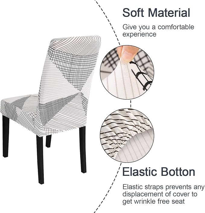 JQinHome White Chair Covers for Dining Room Set of 6, High Stretch Removable Washable Parsons Chair Slipcover for Home Party Hotel Wedding Ceremony (6PCS, Geometric)