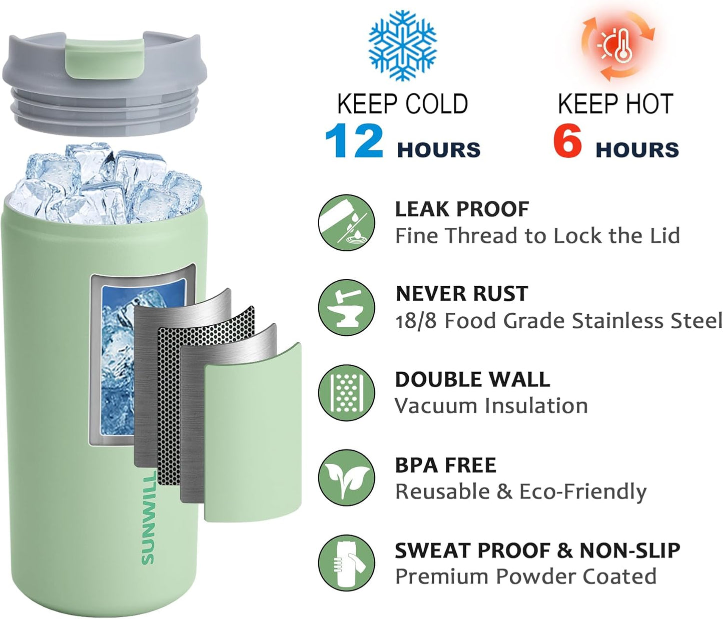 SUNWILL Insulated Coffee Mug with Lid, Leak Proof Tumbler Stainless Steel, 12 oz Travel Cup for Office, Home, Powder Coated Matcha