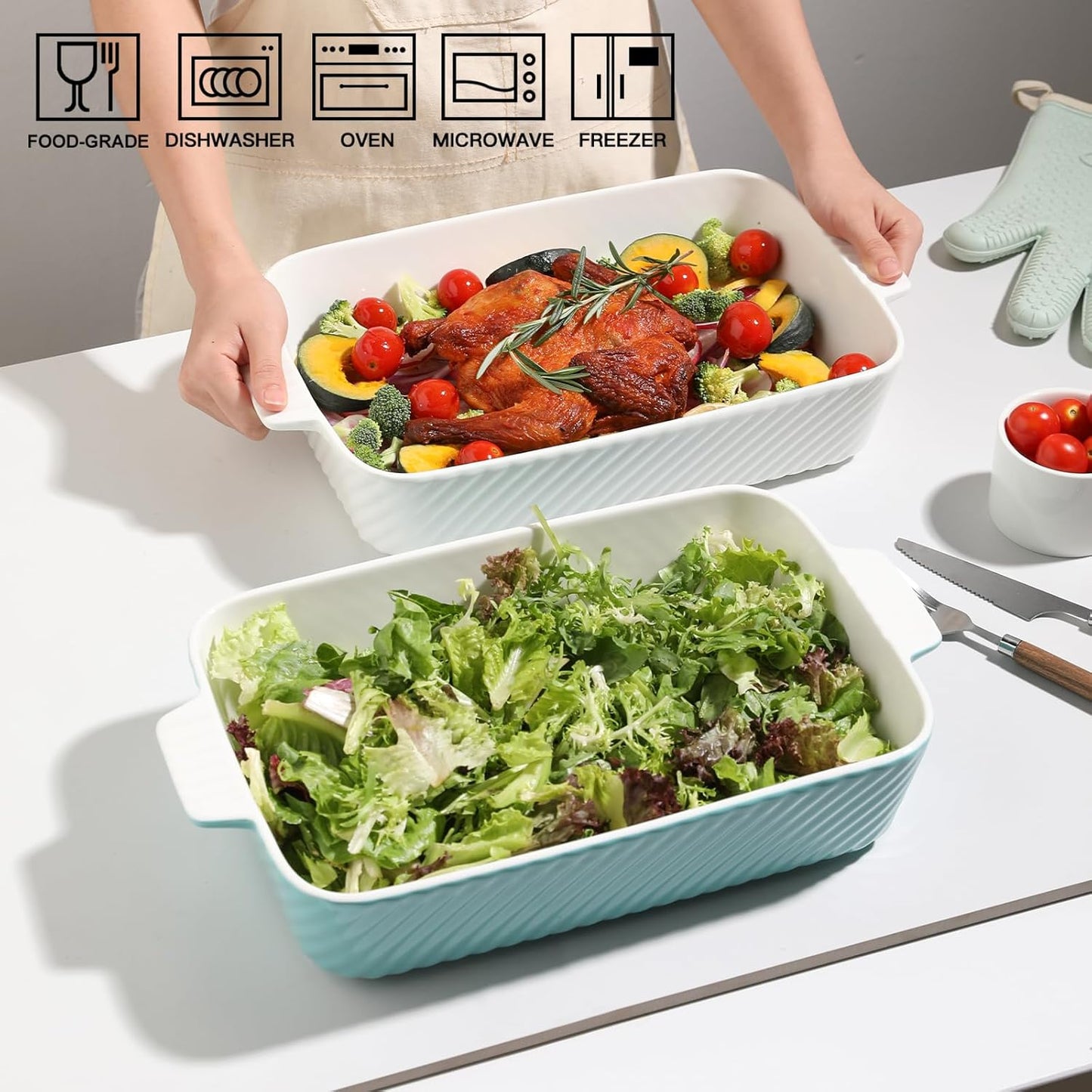 Sweejar Ceramic 13 x 9 Baking Pan, Cake Baking Dish for Brownie, Porcelain Striped Casserole Dishes for Oven with Handle for Lasagna, Family Dinner(White)