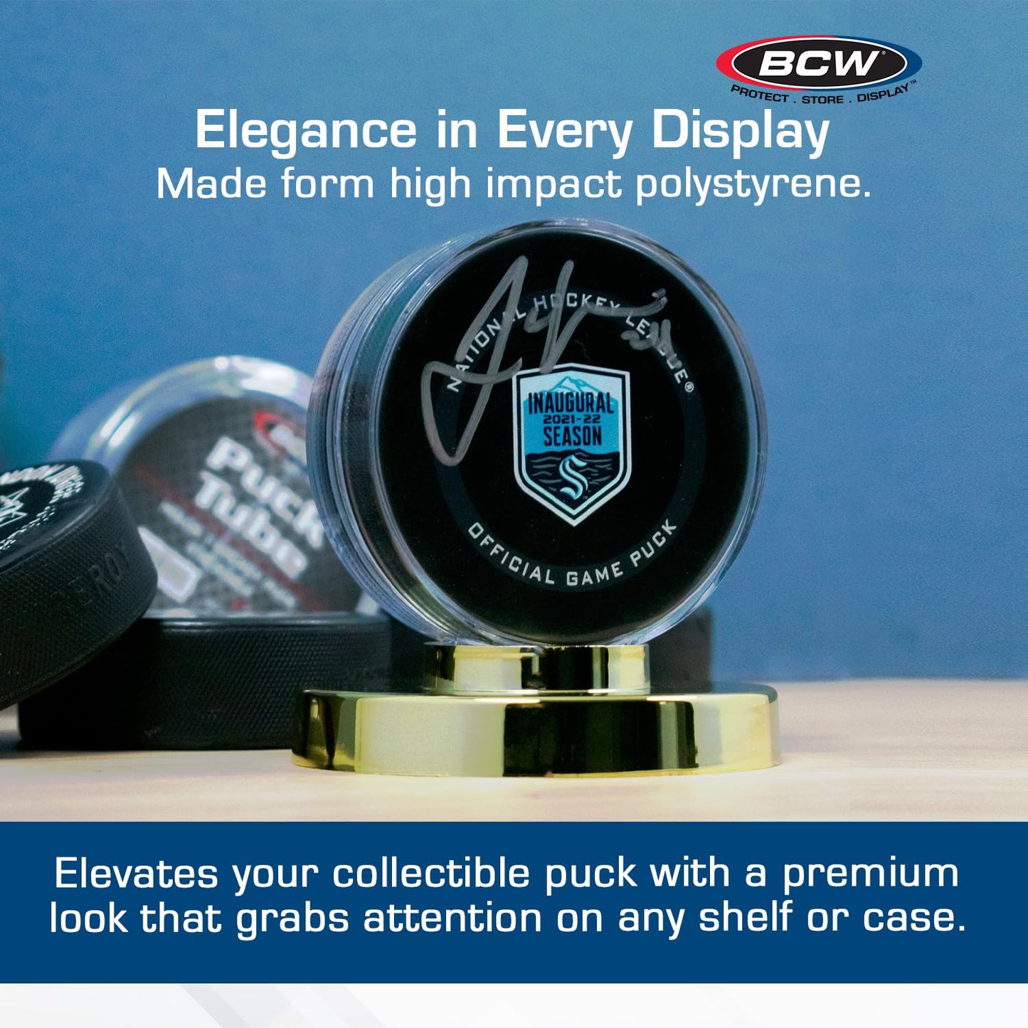 BCW Hockey Puck Display Case with Gold Base | High Impact Polystyrene