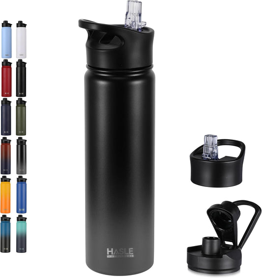 HASLE OUTFITTERS Insulated Water Bottle 22 oz Double Wall Stainless Steel Water Bottle Wide Mouth with Straw Lid & Spout Lid Keeps Cold or Hot(Black Gray Gradient,1)