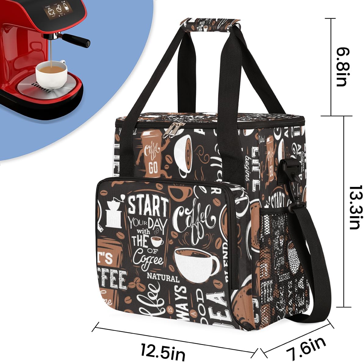 Day with the of Coffee Cafe Coffee Maker Carring Bag Travel Carrying Storage Tote Bag Compatible with Keurig K-Mini or K-Mini Plus Portable Single Serve Coffee Brewer Case with Pockets for K-cup Pods