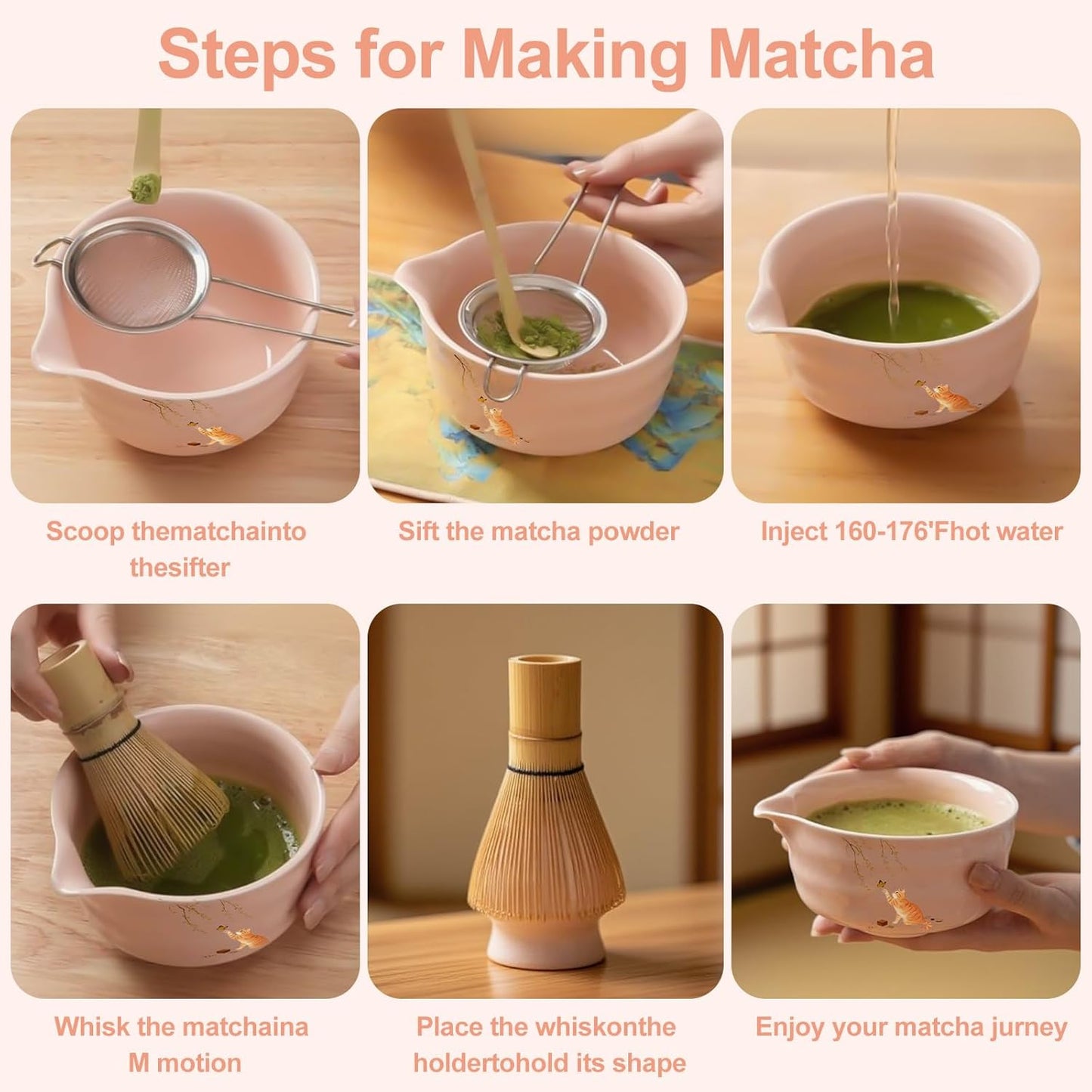 Matcha Whisk Set, 7PCS Matcha Set Includes Ceramic Matcha Set Includes Matcha Bowl, Matcha Whisk and Holder, Bamboo Scoop, Scoop Rest, Sifter and Tea Towel, Gift Bag (Pink)