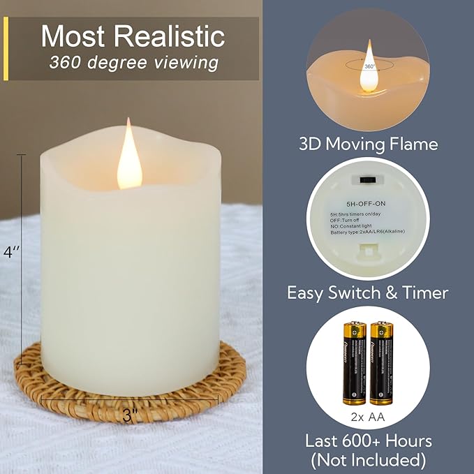 Flameless Candles Battery Operated with Remote Timer, 3D Moving Flame Flickering, Last 600+ Hours Battery Candles, 3" x 4" Ivory Real Wax Electric LED Candle for Wedding Party, Set of 2