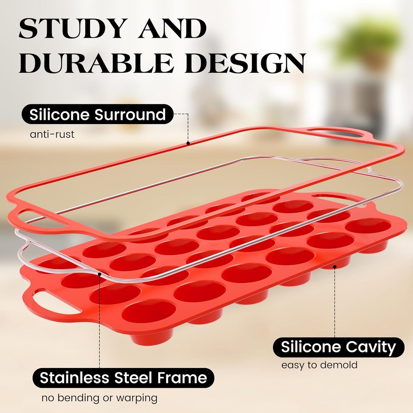 Silicone Mini Muffin Pan With Stainless Steel Reinforced Frame 24 Cups Nonstick Cupcake Molds for Baking Silicone Muffin Tray with Handles(2 Pcs, Red)