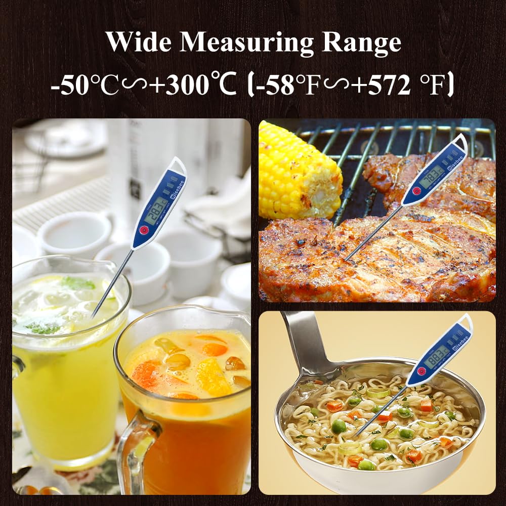 Wisebee Digital Meat Thermometer, Instant Read, ℃/℉ Switch, Long Stainless Steel Probe, Battery Powered, Food Thermometer for Cooking, Baking, Steak, Grilling and Frying (Blue)