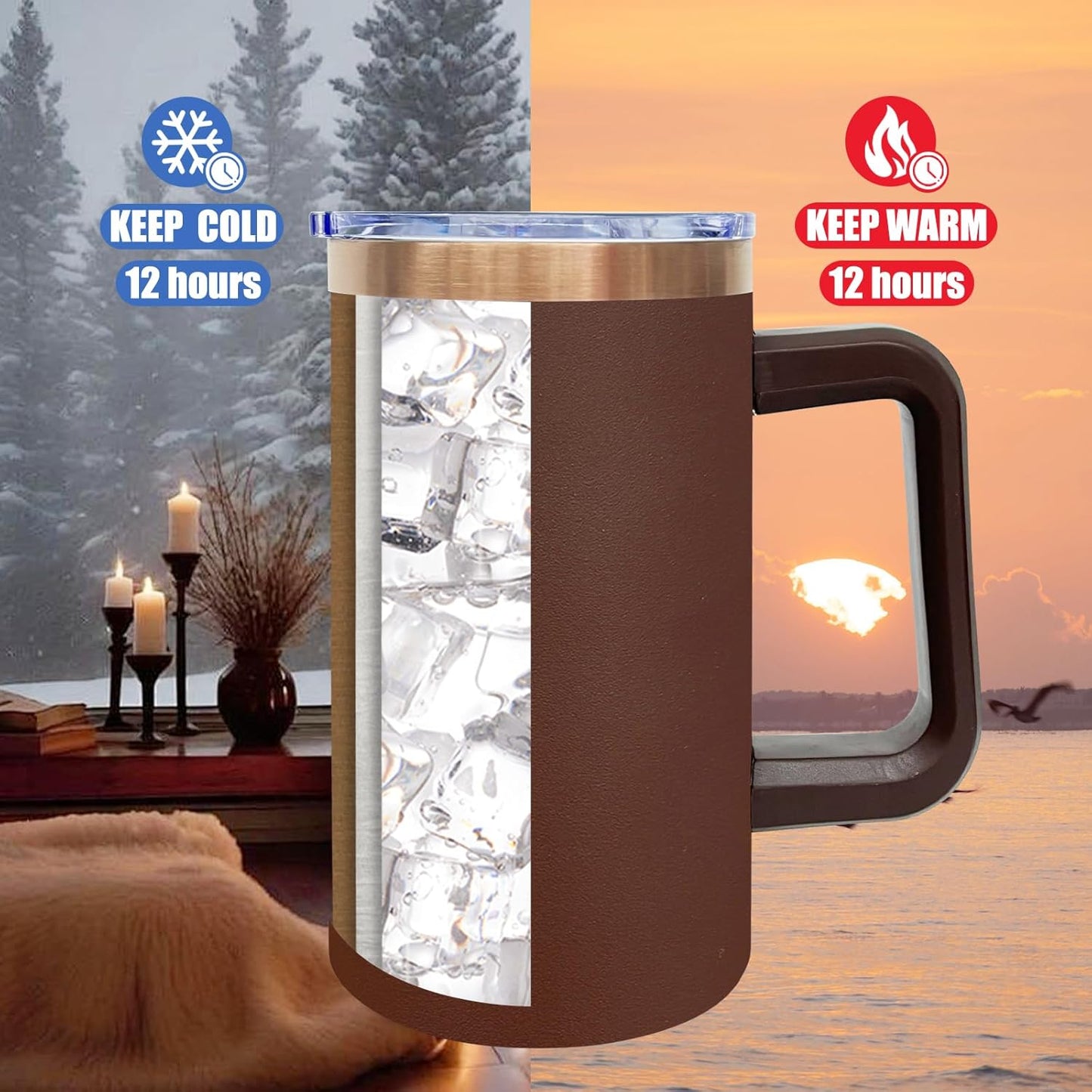 20 oz Insulated Coffee Mug with Lid, Stainless Steel Coffee Tumbler Bulk, Double Wall Vacuum Travel Mug with Handle, Leakproof Powder Coated Coffee Cups for Hot and Cold Drinks (Brown,1 pack)