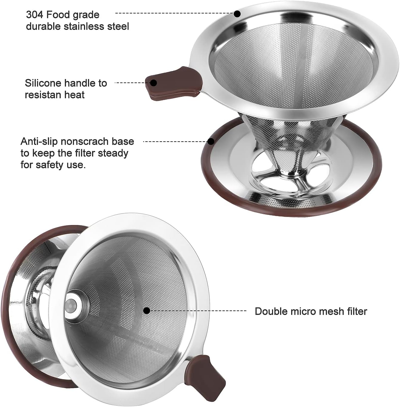 Pour Over Coffee Dripper, Reusable Paperless Coffee Filter,Professional Stainless Steel Drip Cone Brew Coffee Strainer,Upgraded Double Micro Mesh Filter with Cup Stand,1-4 Cup