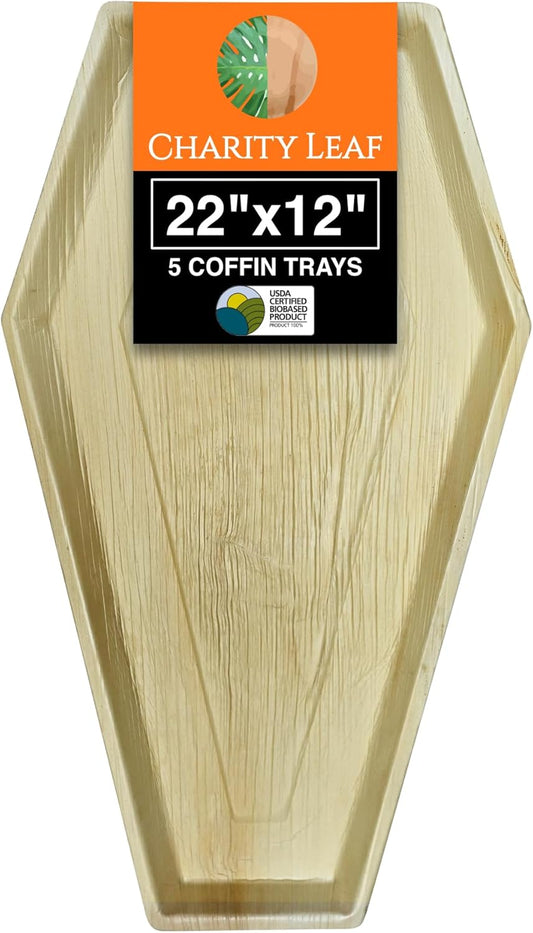 Charity Leaf Disposable Palm Leaf 22"x12" Coffin Trays (5 Pieces) Bamboo Like Serving Platters, Disposable Boards, Eco-Friendly Dinnerware for Halloween, Weddings, Catering, Events