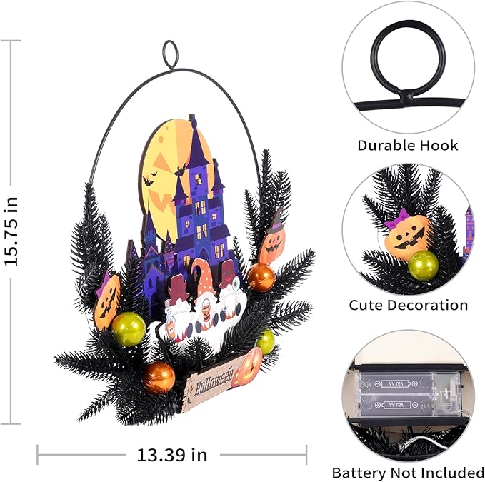 Lighted Halloween Wreaths for Front Door, Welcome Metal Wooden Door Wreath Decor Hanging Sign, 30 LED Lighted Wall Decor Battery Operated for Halloween Indoor Outdoor (Dwarf)