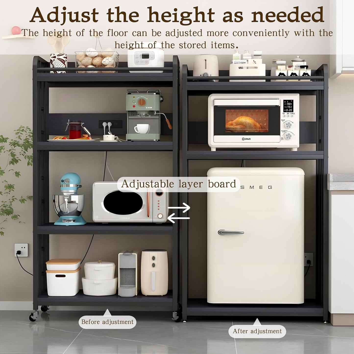 Adjustable 4-Tier Heavy Duty Kitchen Baker's Rack with Power Outlet, with Industrial Wheels, Free Standing Microwave Oven Cart Stand for Storage, Garage, Mini Fridge Stand, Black