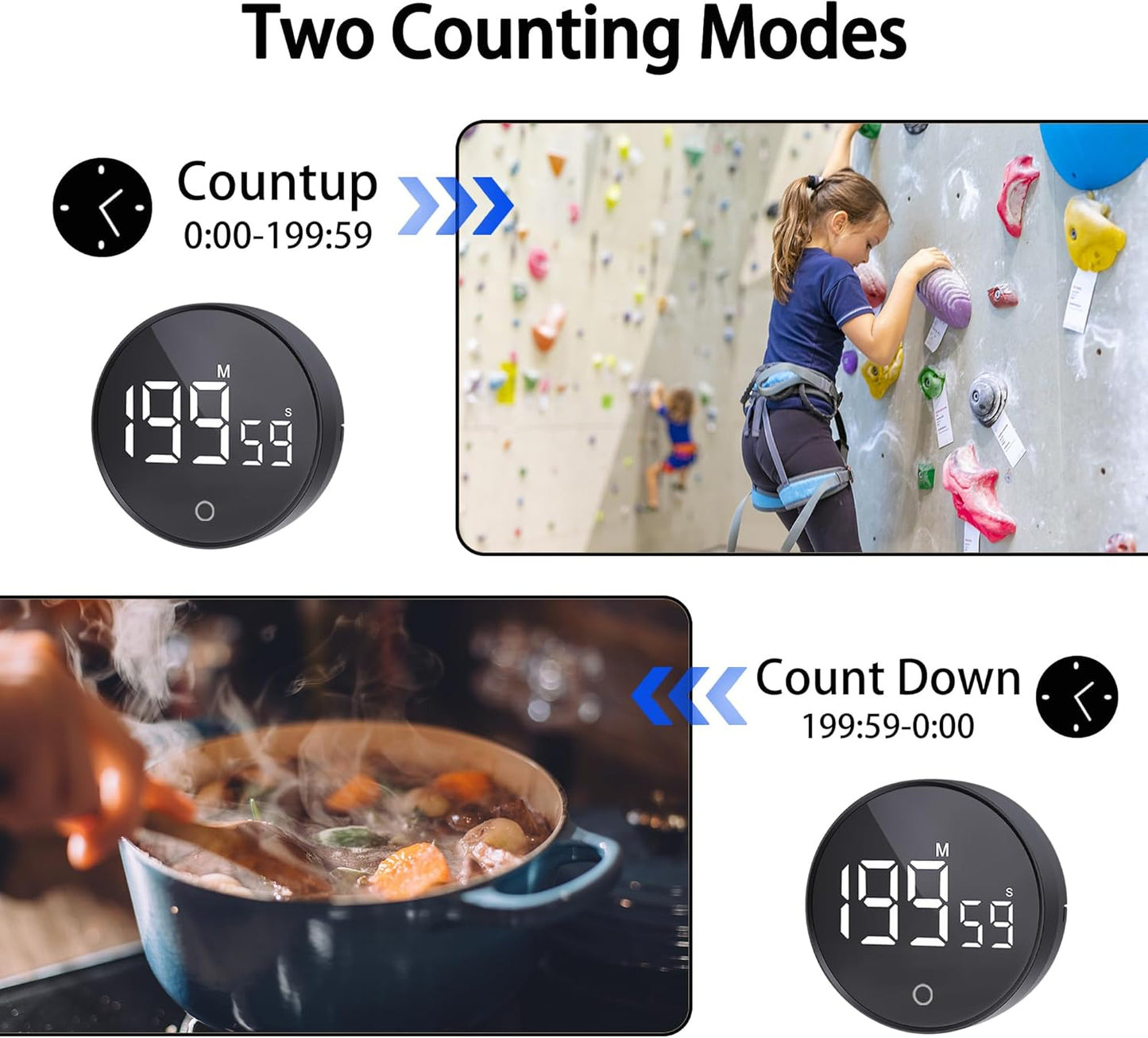 Digital Kitchen Timers, Visual timers Magnetic Countdown Countup Smart Timer Large LED 200 Minutes Display Volume Adjustable for Cooking Fitness Studying, Easy for Kids and Seniors