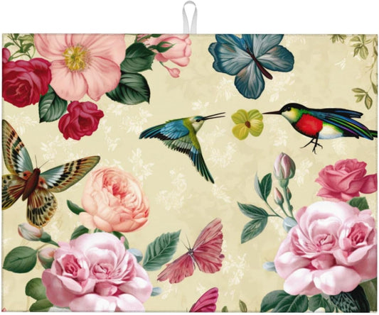 Large Dish Drying Mats For Kitchen Counter Microfiber Kitchen Drying Mat XL Draining Pad Absorbent Quick Drying Dish Mat 18x24 Inch - Birds Floral