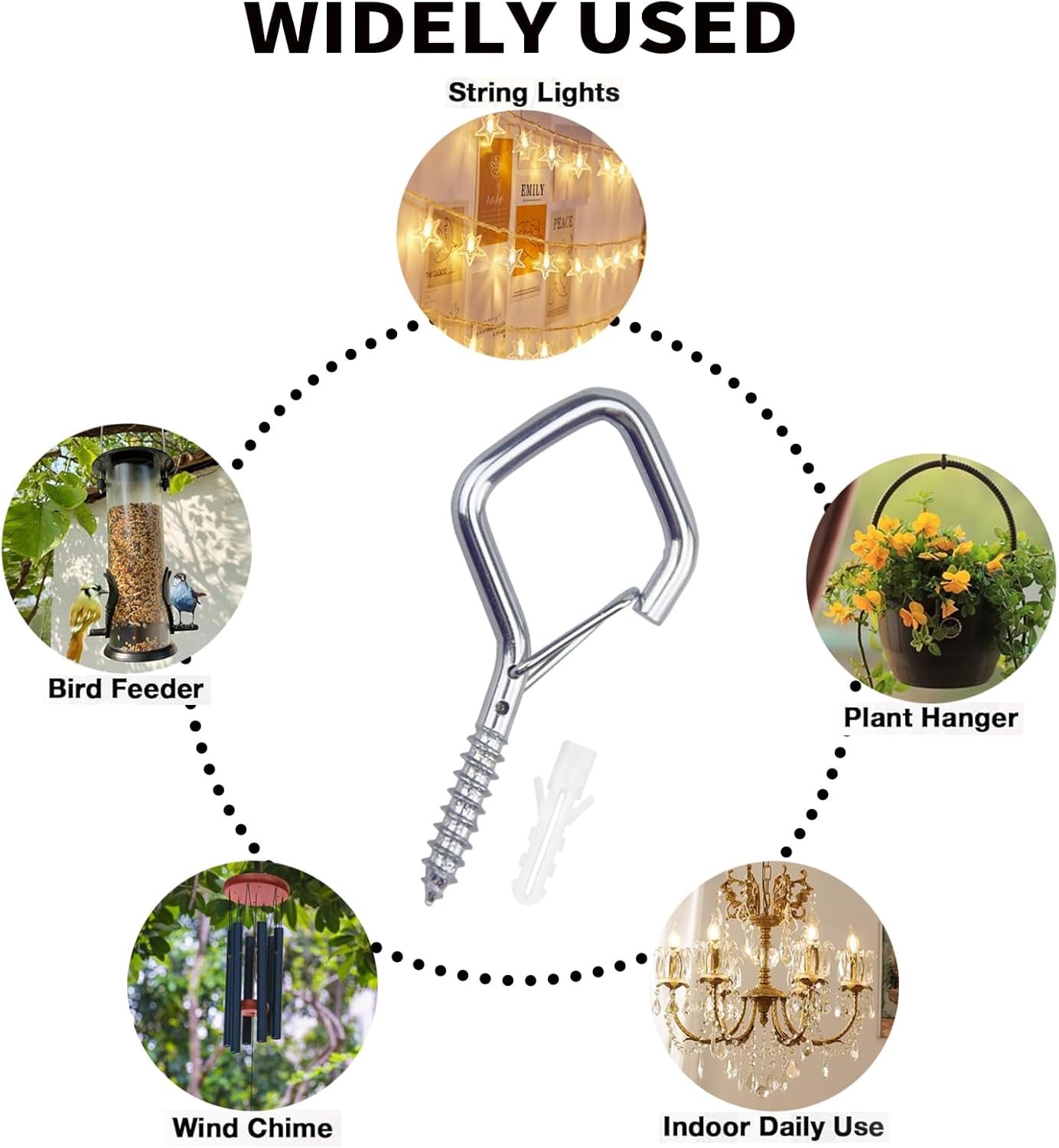 100 PCS Silver Eye Screw Hooks for Hanging Heavy Duty with Safety Buckle.Metal Ceiling Hooks for Hanging Plants Cup Wind Chime Bird Feeders Patio Lights at Indoor&Outdoor