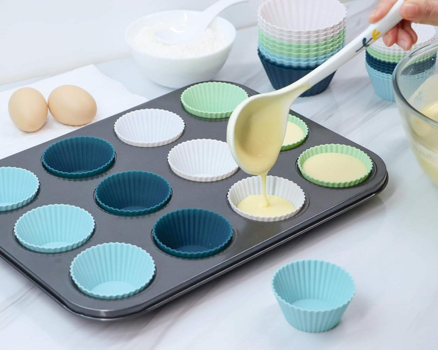 Silicone Baking Muffin Cups 12 Pack, Reusable Cupcake Liners Cake Molds, BPA Free, Dishwasher Safe(White, Green, Navy, Dusty Blue)