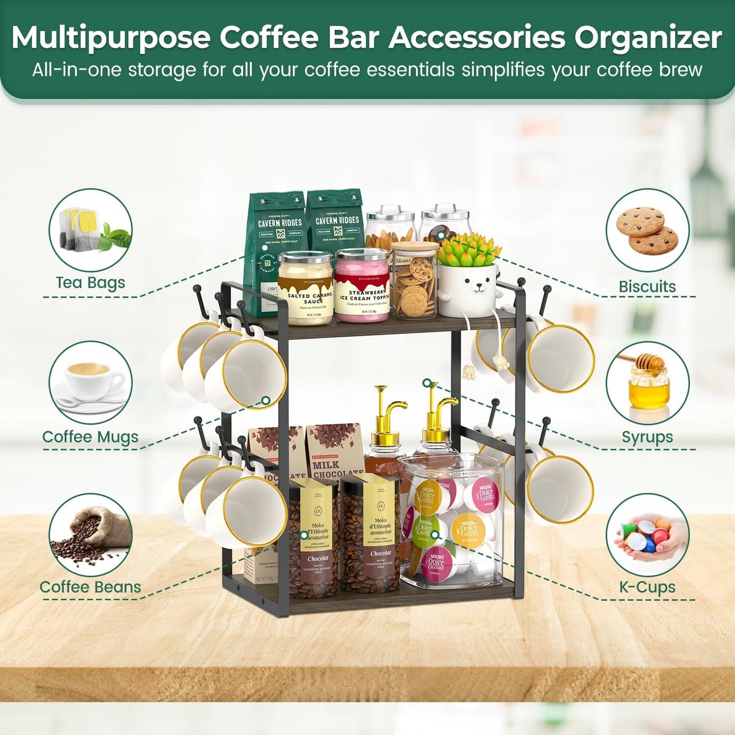 EsLuker.ly Coffee Station Bar Organizer Mug Holder Stand Countertop, 2 Tier Mug Cup Tree Rack for Kitchen Office, Storage Shelf with 12 Hooks, Creat Stylish Coffee Corner, Brown-Black