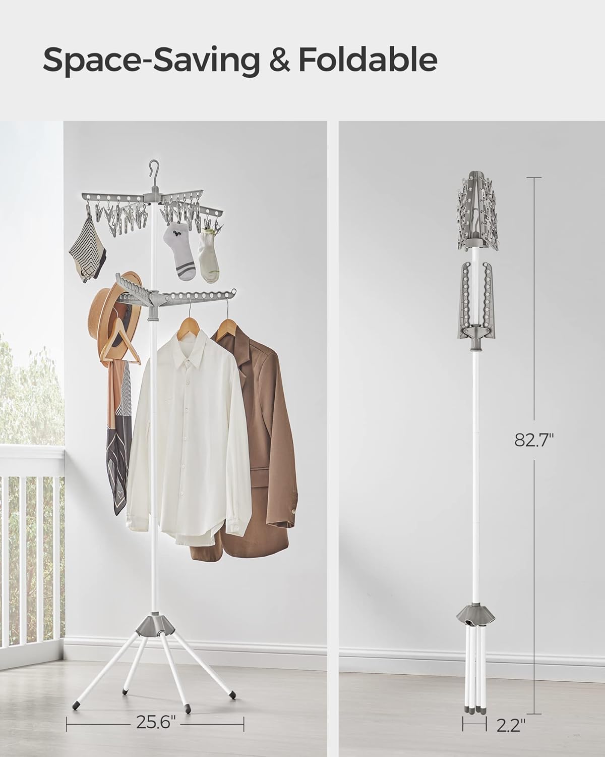 SONGMICS 2-Tier Clothes Drying Rack, 72-Inch Folding Laundry Drying Rack with 3 Rotatable Arms for Hangers, 24 Clips, Stainless Steel, for 27 Pieces of Clothes, Gray and White ULLR512G01