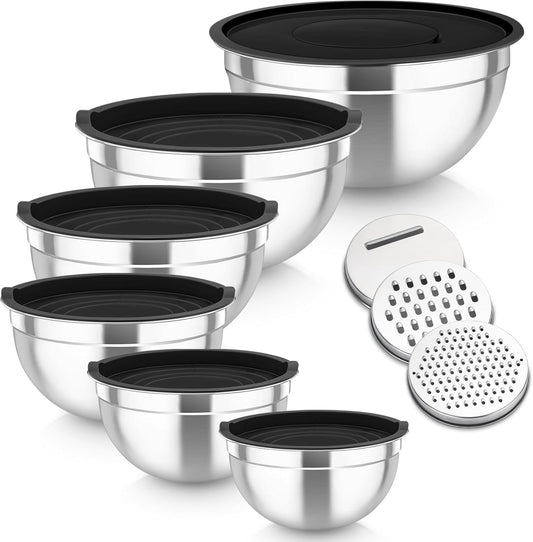 TeamFar Mixing Bowls Set of 6, Stainless Steel Nesting Mixing Salad Bowl with 3 Grater Attachments, for Food Cooking Prepping Storing, Black - Size 4.6/2.6/2 / 1.5/1 / 0.7 QT