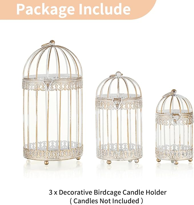 NUPTIO Decorative Candle Lanterns White: 3 Pcs Distressed White Metal Bird Cage Indoors Lantern Centerpiece Assorted Rustic Birdcage Pillar Candle Holders for Home Living Room Porch Office Decoration
