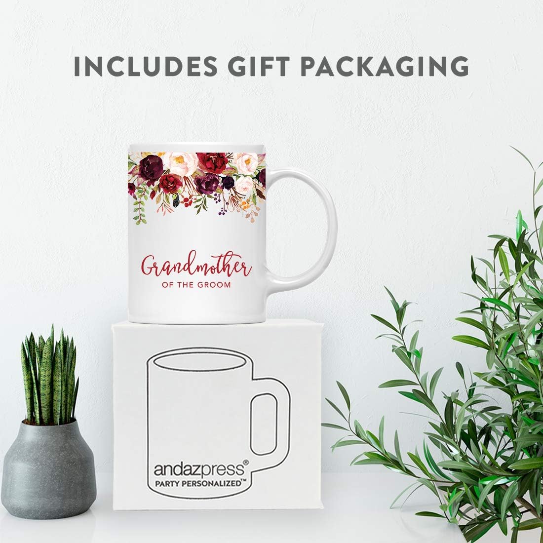 Andaz Press 11oz. Wedding Ceramic Coffee Tea Mug Gift, Fall Autumn Marsala Burgundy Flowers Roses Florals, Grandmother of the Groom, 1-Pack, Includes Gift Box