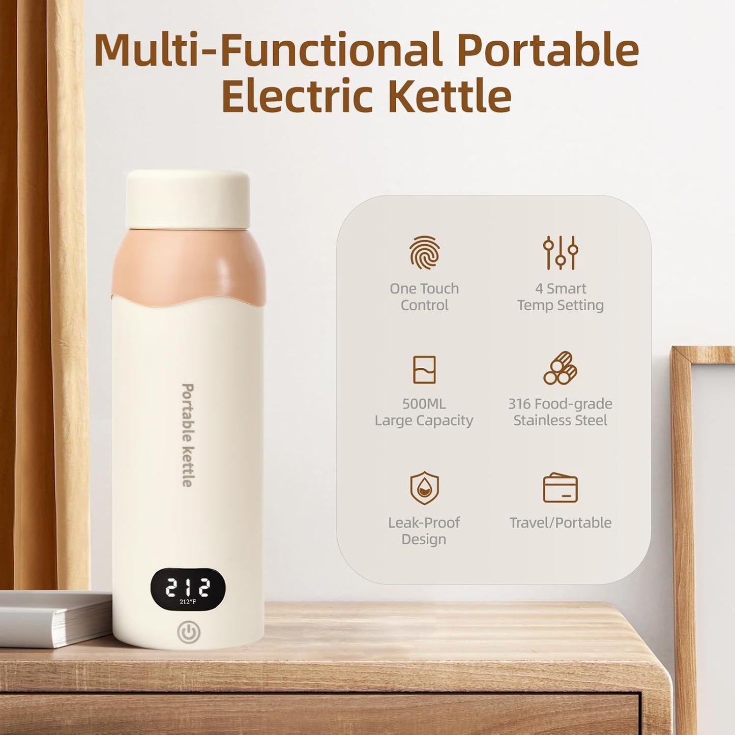 Portable Travel Electric Kettle,Food-Grade 316 Stainless Steel Small Mini Kettle,500ML Hot Water Boiler with 4 Temperature Settings,Fast Boiling water with Auto Shut-Off and Boil Dry Protection