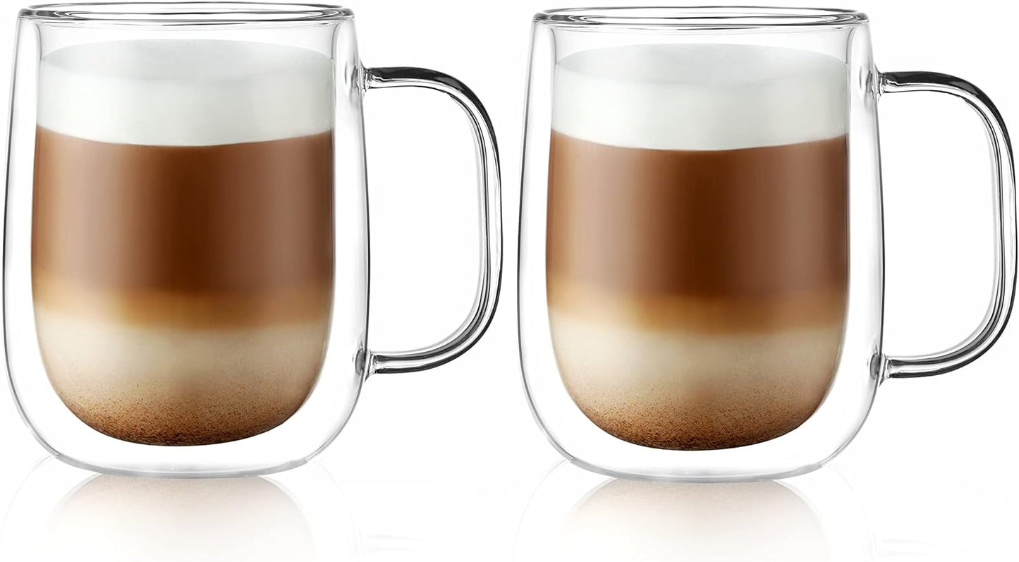 CNGLASS Large Double Wall Glass Coffee Mug 15.2oz,Clear Insulated Glass Espresso Cup with Big Handle,set of 2