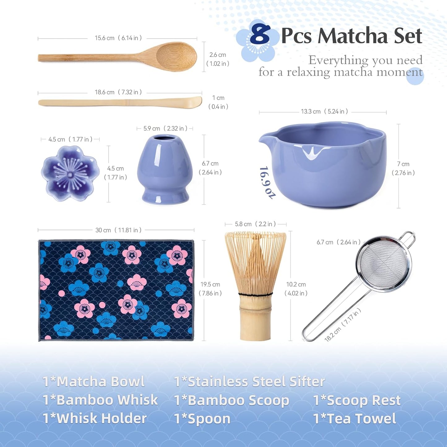 Matcha Set, 8Pcs Floral Ceramic Matcha Set with Matcha Whisk, Holder, Scoop, Scoop Rest, Sifter, Spoon and Tea Towel - Thoughtful Matcha Whisk Set Gift for Matcha Lovers (Blue)