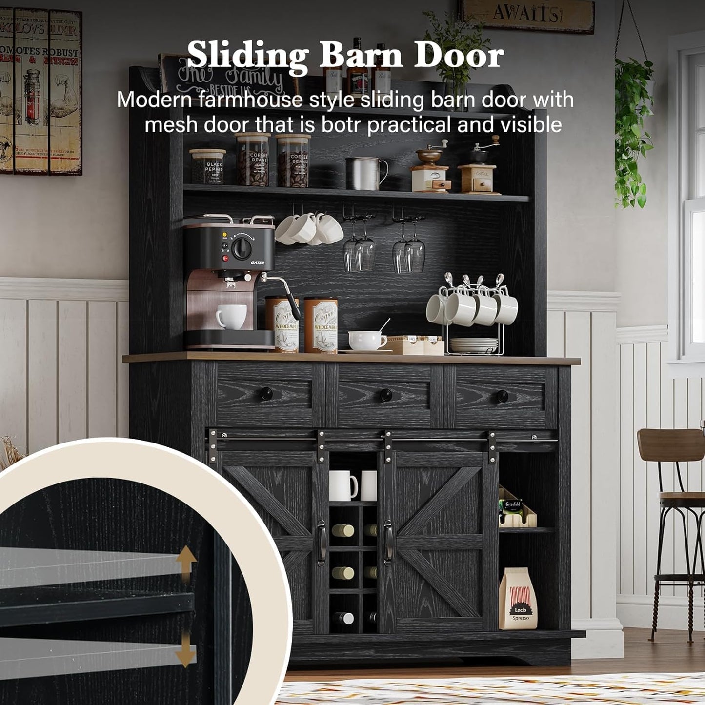 63 Inch Tall Coffee Bar Cabinet with 3-Tier Storage, Kitchen Hutch with 3 Drawers, Farmhouse Coffee Bar with 9 Racks & 3 Glass Holders, Wine Bar Cabinet for Living Dining Room, Black