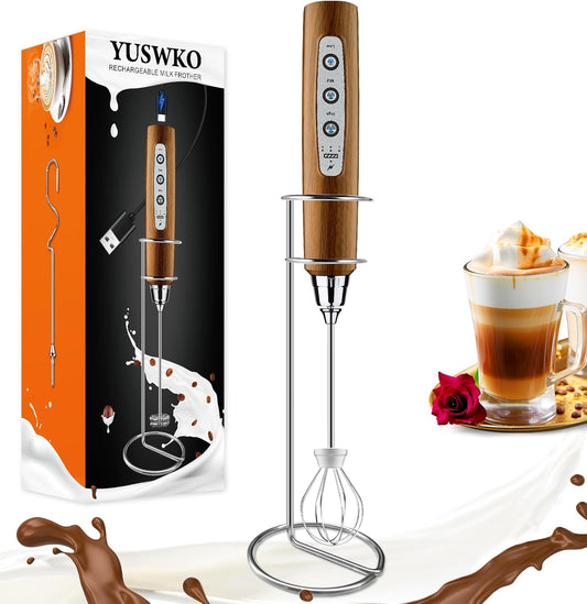 YUSWKO Wood Grain Handheld Milk Frother Wand with Stand for Coffee, Rechargeable Electric Whisk with 3 Heads 3 Speeds Drink Mixer Coffee Frother For Latte, Cappuccino, Hot Chocolate, Egg