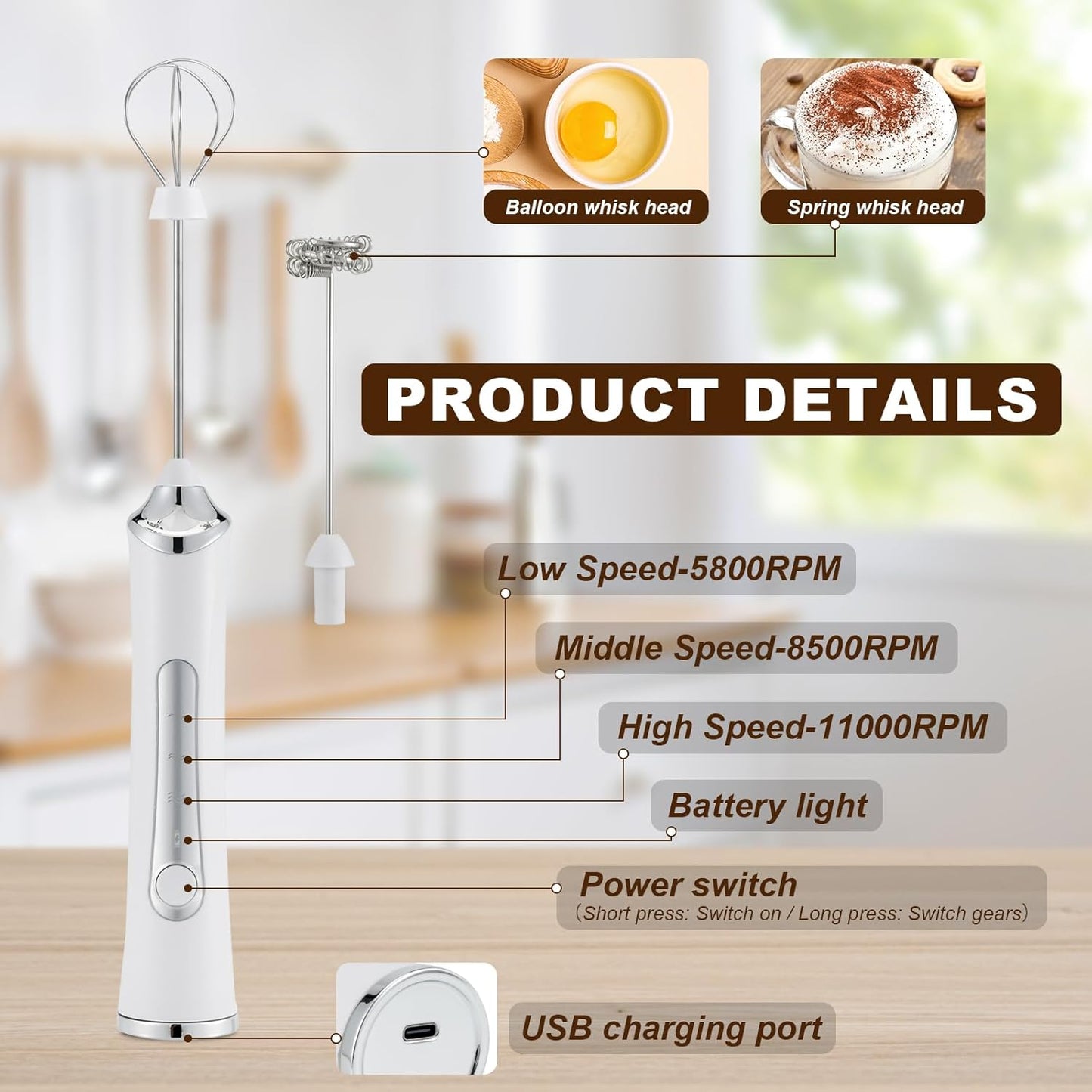 Handheld Electric Milk Frother with 2 Heads, Coffee Whisk Foam Mixer with USB Rechargeable 3 Speeds, Foam Maker Blender for Latte, Cappuccino, Hot Chocolate, Egg (White)