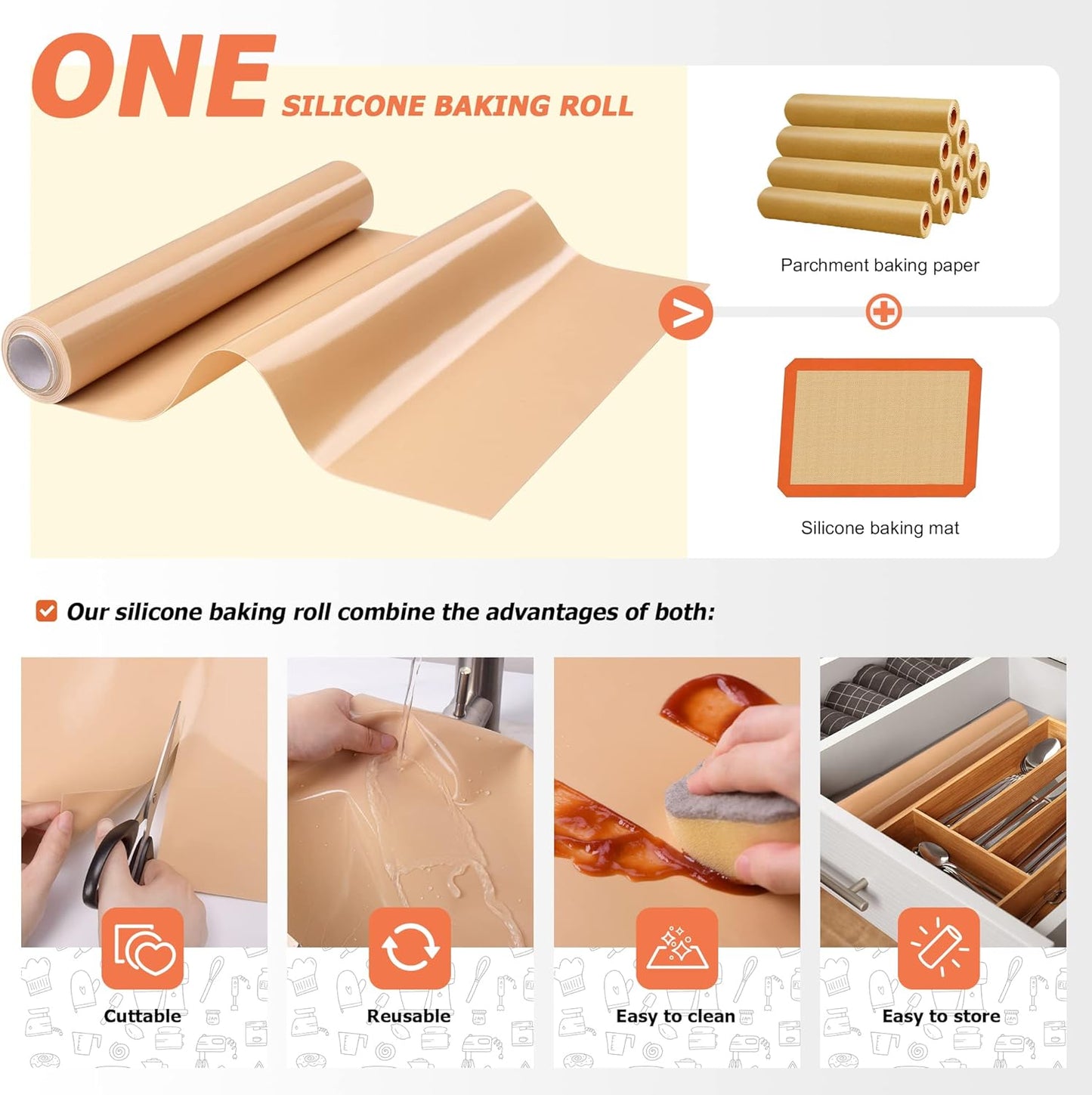 Silicone Baking Mat Roll - Best German Silicone - Non-slip Silicone Pastry Mat, Non-Stick Reusable Air Fryer Linner, Counter Mat, Oven Liner, Freeze Dryer Mat - 16IN x 8FT