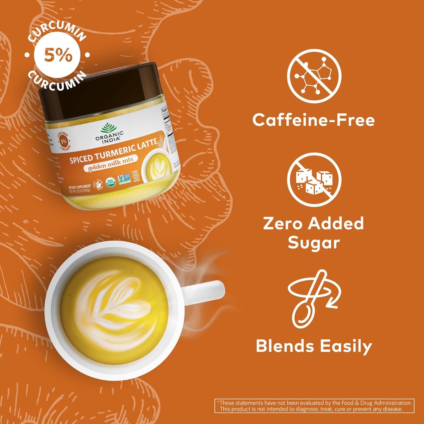Organic India Spiced Turmeric Latte Powder - Golden Milk Mix, Authentic Blend, Gold Tea Drink, With Ginger and Cinnamon, Vegan, Ayurvedic Herbs, Caffeine Free, Zero Added Sugar - 3.52 Oz