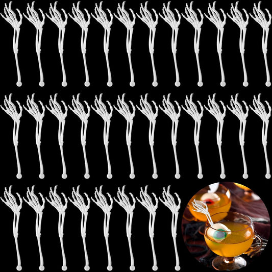 Remerry 100 Pcs Halloween Skeleton Swizzle Sticks Cocktail Garnish Sticks Hand Plastic Food Picks Coffee Stirrers Reusable Drink Stir Sticks Halloween Party Decorations for Birthday Bar Home(White)